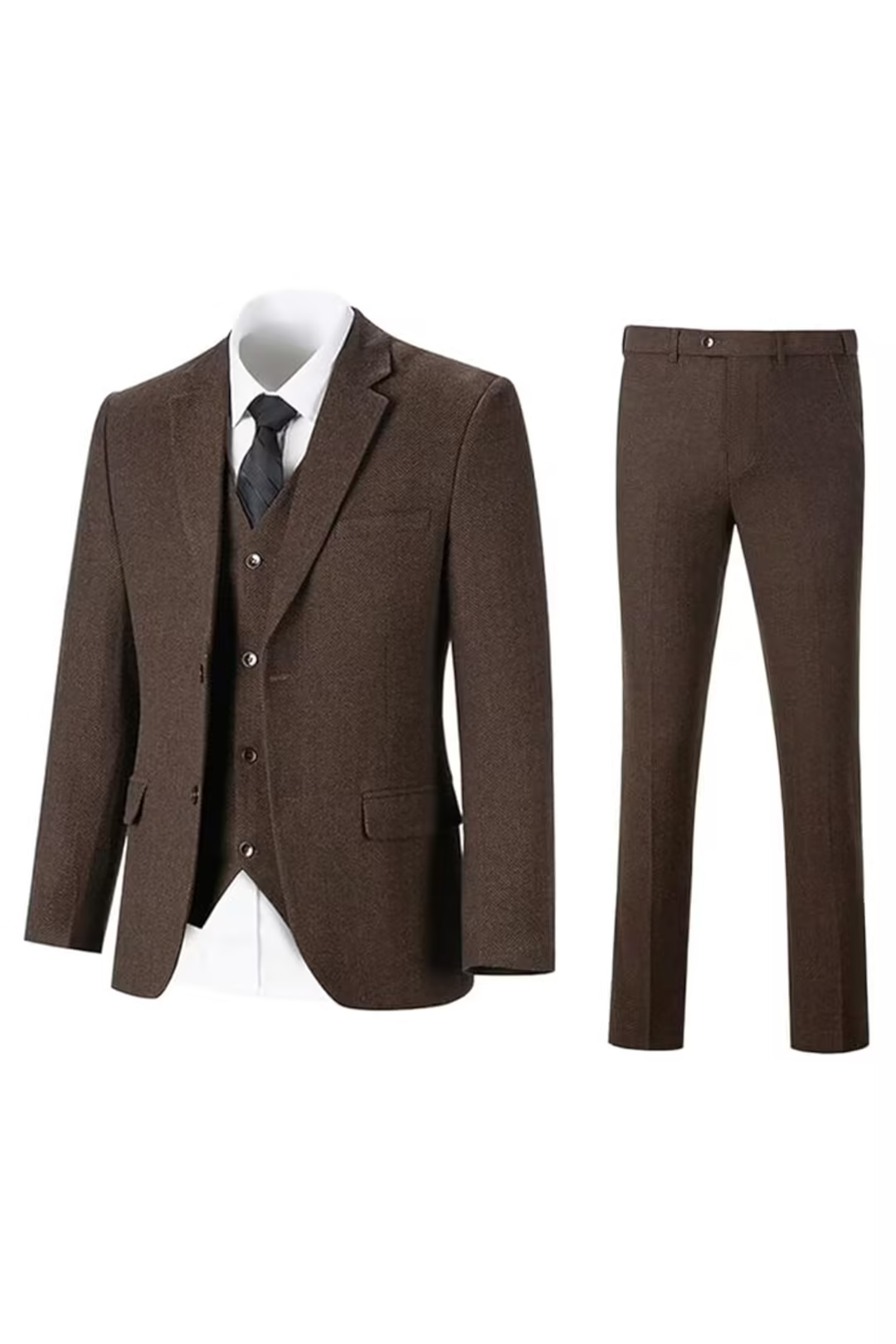 Dark Brown herringbone 3 piece men’s suit – jacket, vest and pants set flat lay