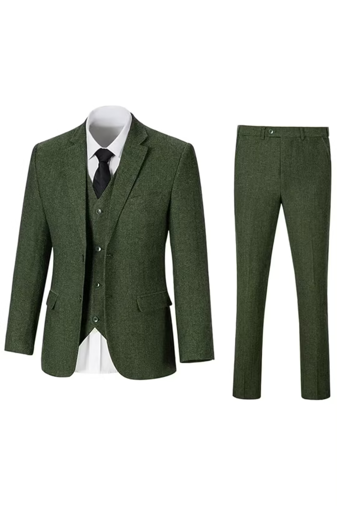 Green herringbone 3 piece men’s suit – jacket, vest and pants set flat lay