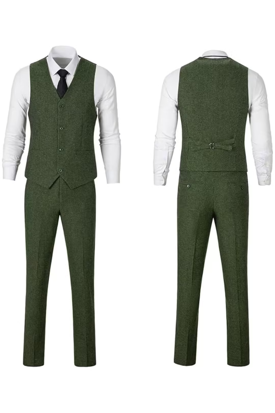 Green herringbone 3 piece men’s suit – front and back of vest and pants