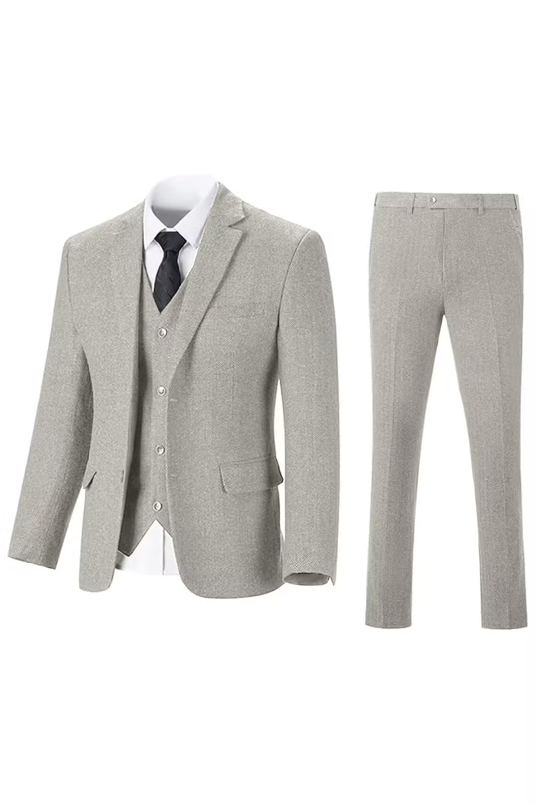 Light Grey herringbone 3 piece men’s suit – jacket, vest and pants set flat lay