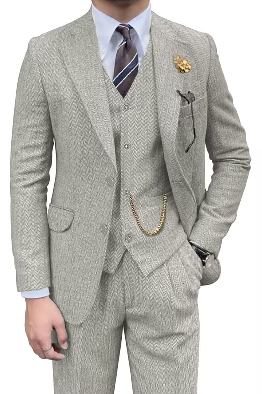 Light Grey herringbone 3 piece men’s suit – styled full view with shirt and tie