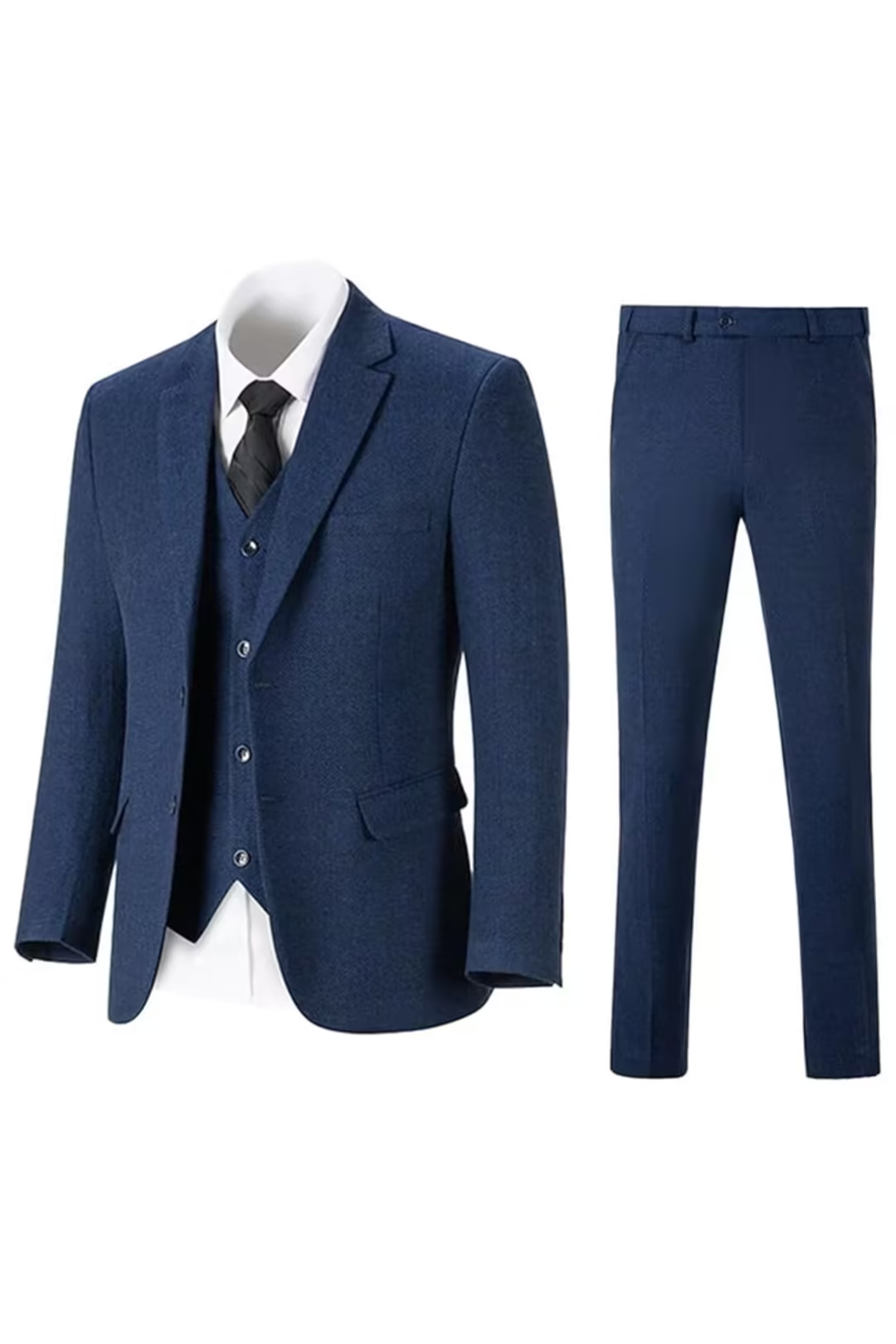 Navy Blue herringbone 3 piece men’s suit – jacket, vest and pants set flat lay