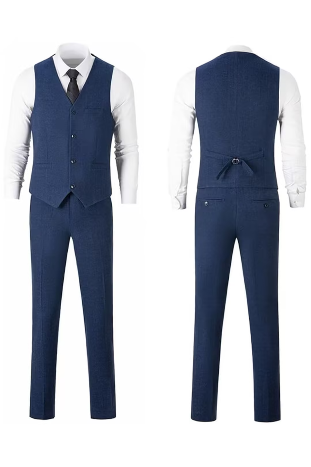 Navy Blue herringbone 3 piece men’s suit – front and back of vest and pants