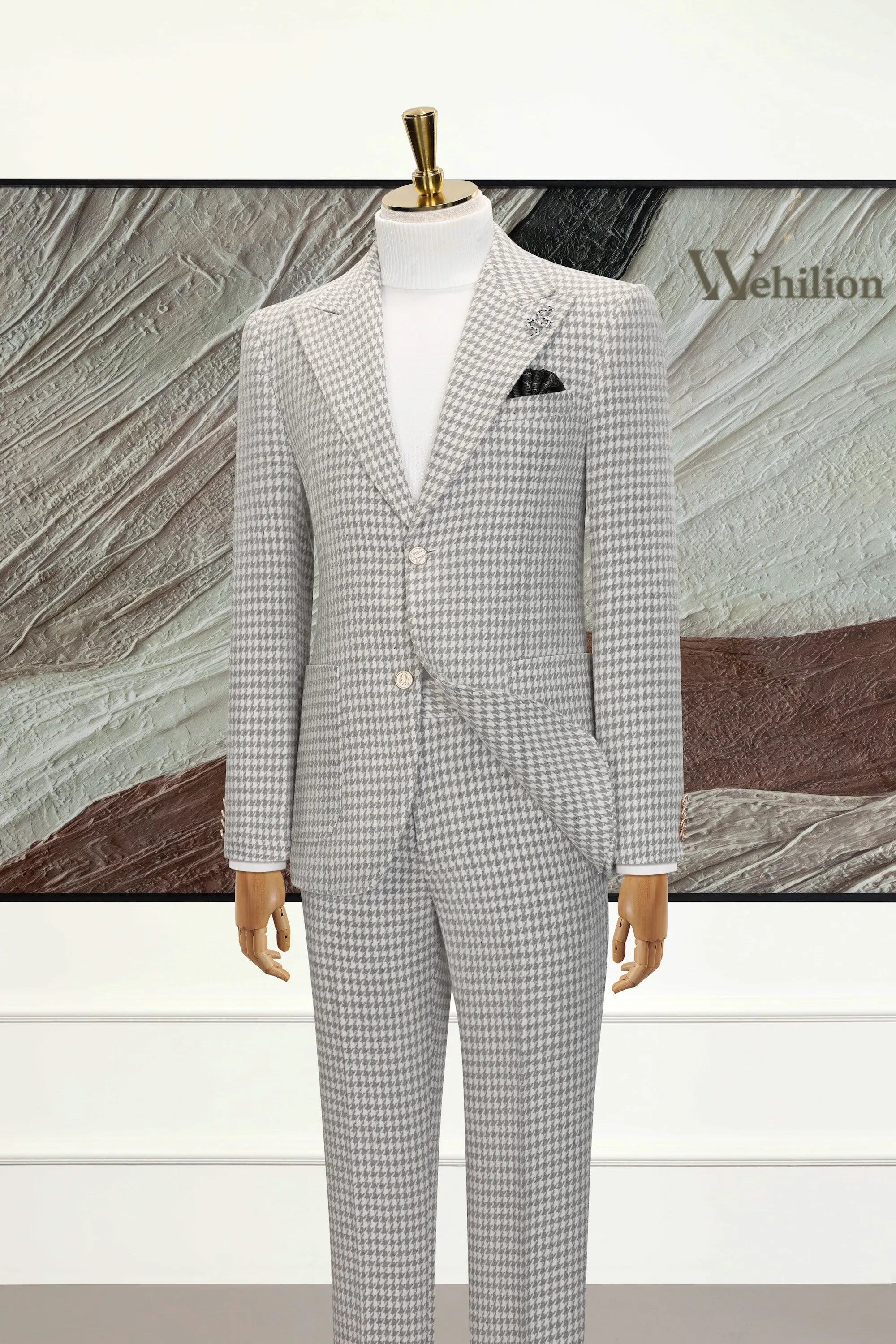 Men's Grey Houndstooth Herringbone 3 Piece Suit