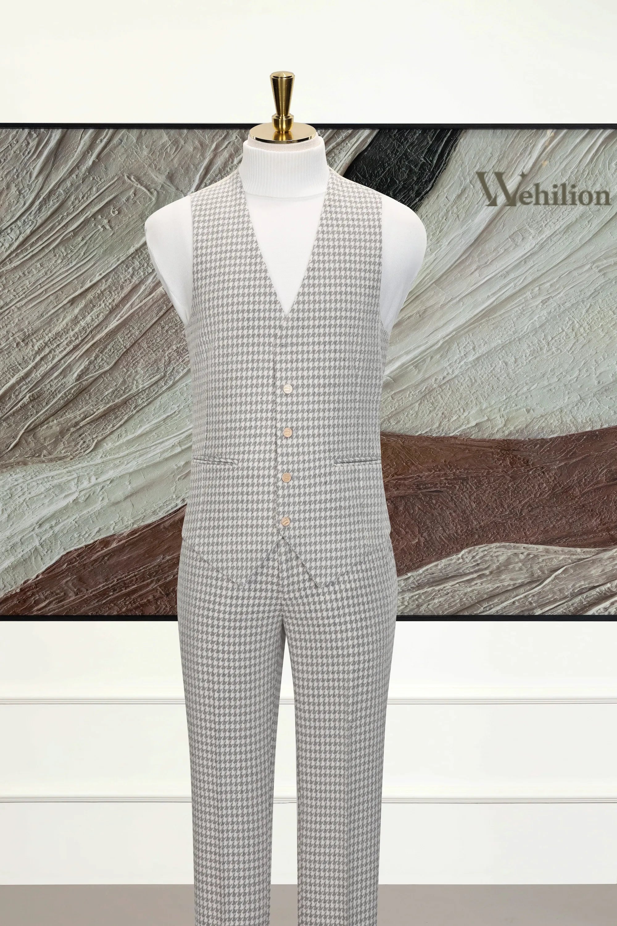Men's Grey Houndstooth Herringbone 3 Piece Suit