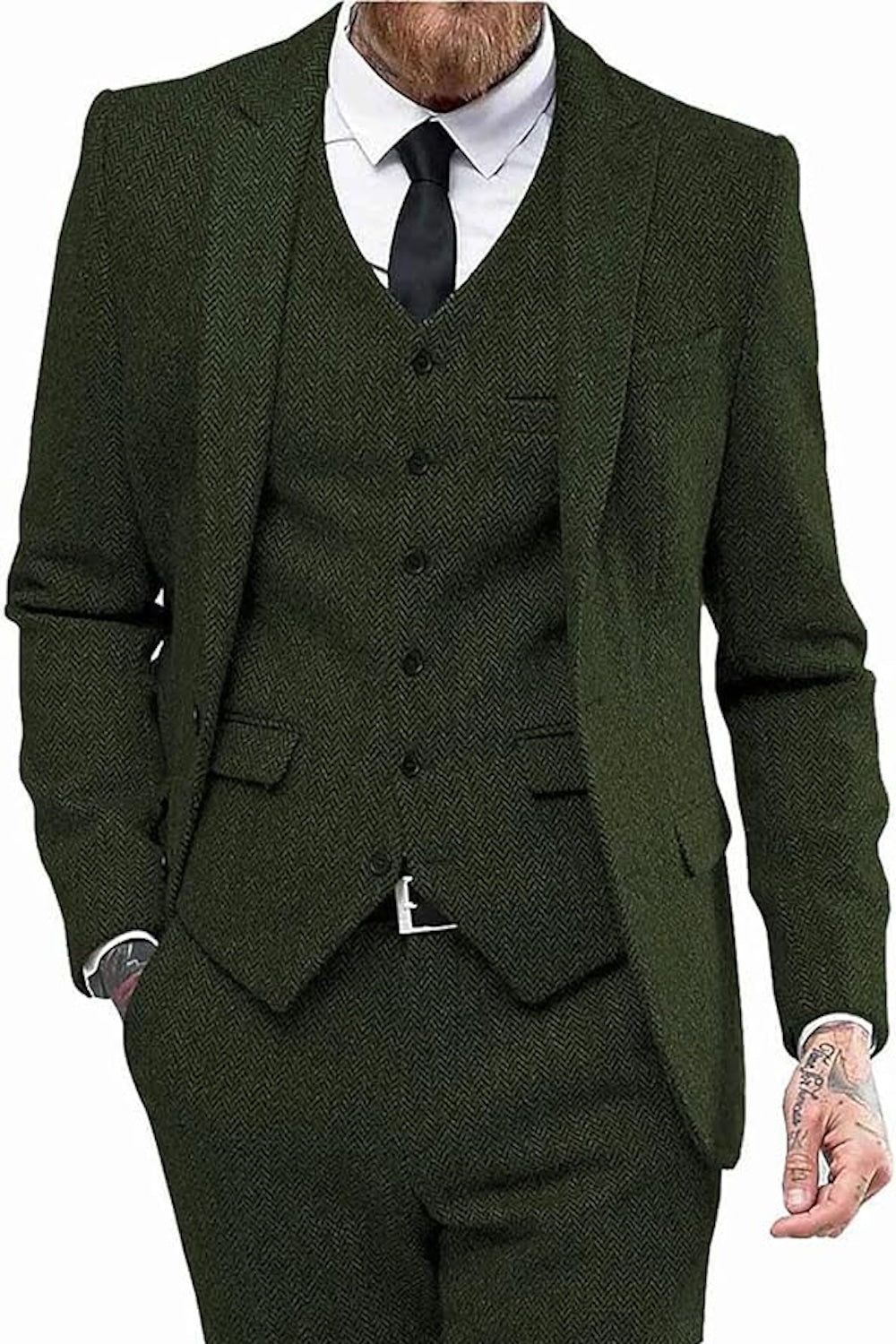 Army Green 3 piece tweed herringbone suit with peak lapel, vest and blazer for men