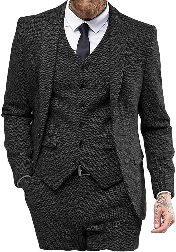 Black 3 piece tweed herringbone suit with peak lapel, vest and blazer for men