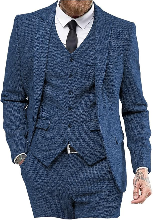Blue 3 piece tweed herringbone suit with peak lapel, vest and blazer for men
