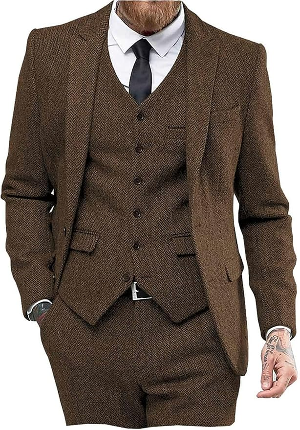 Men's Brown herringbone wedding suit with peak lapel and tailored fit vest