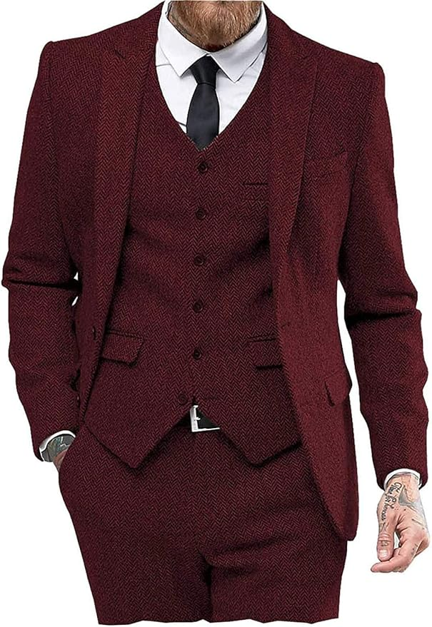 Burgundy 3 piece tweed herringbone suit with peak lapel, vest and blazer for men