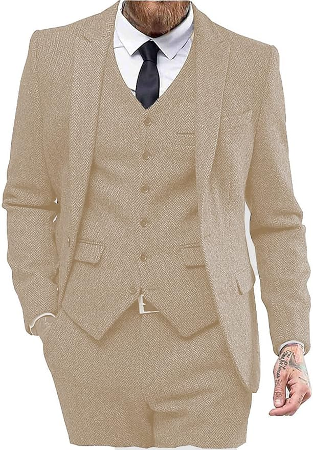 Champagne 3 piece tweed herringbone suit with peak lapel, vest and blazer for men
