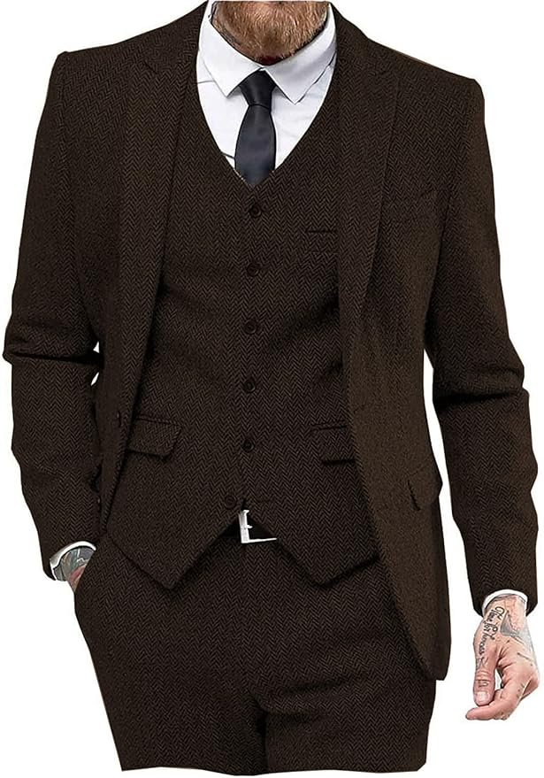 Coffee 3 piece tweed herringbone suit with peak lapel, vest and blazer for men
