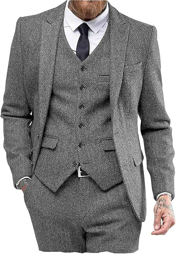 Grey 3 piece tweed herringbone suit with peak lapel, vest and blazer for men