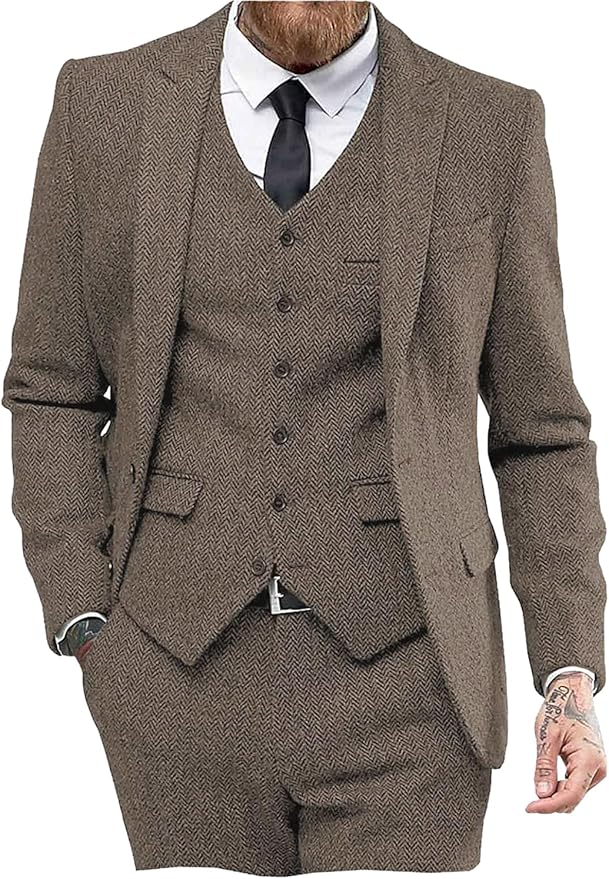 Men's Light Brown herringbone wedding suit with peak lapel and tailored fit vest