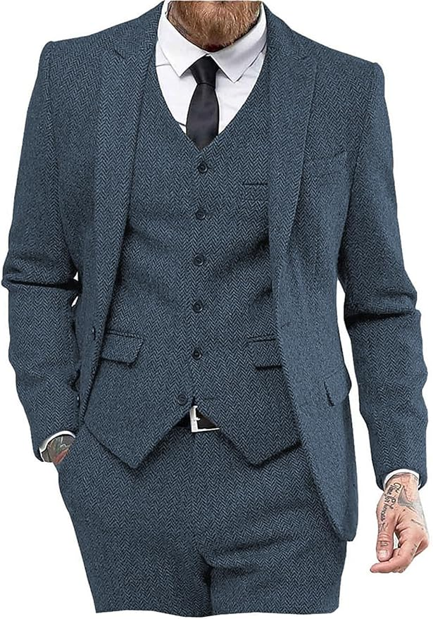 Men's Light Navy herringbone wedding suit with peak lapel and tailored fit vest