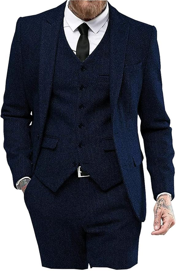 Navy 3 piece tweed herringbone suit with peak lapel, vest and blazer for men