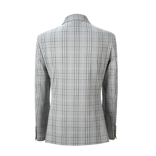 Back view of grey men's plaid blazer with classic double-breasted cut and tailored fit.