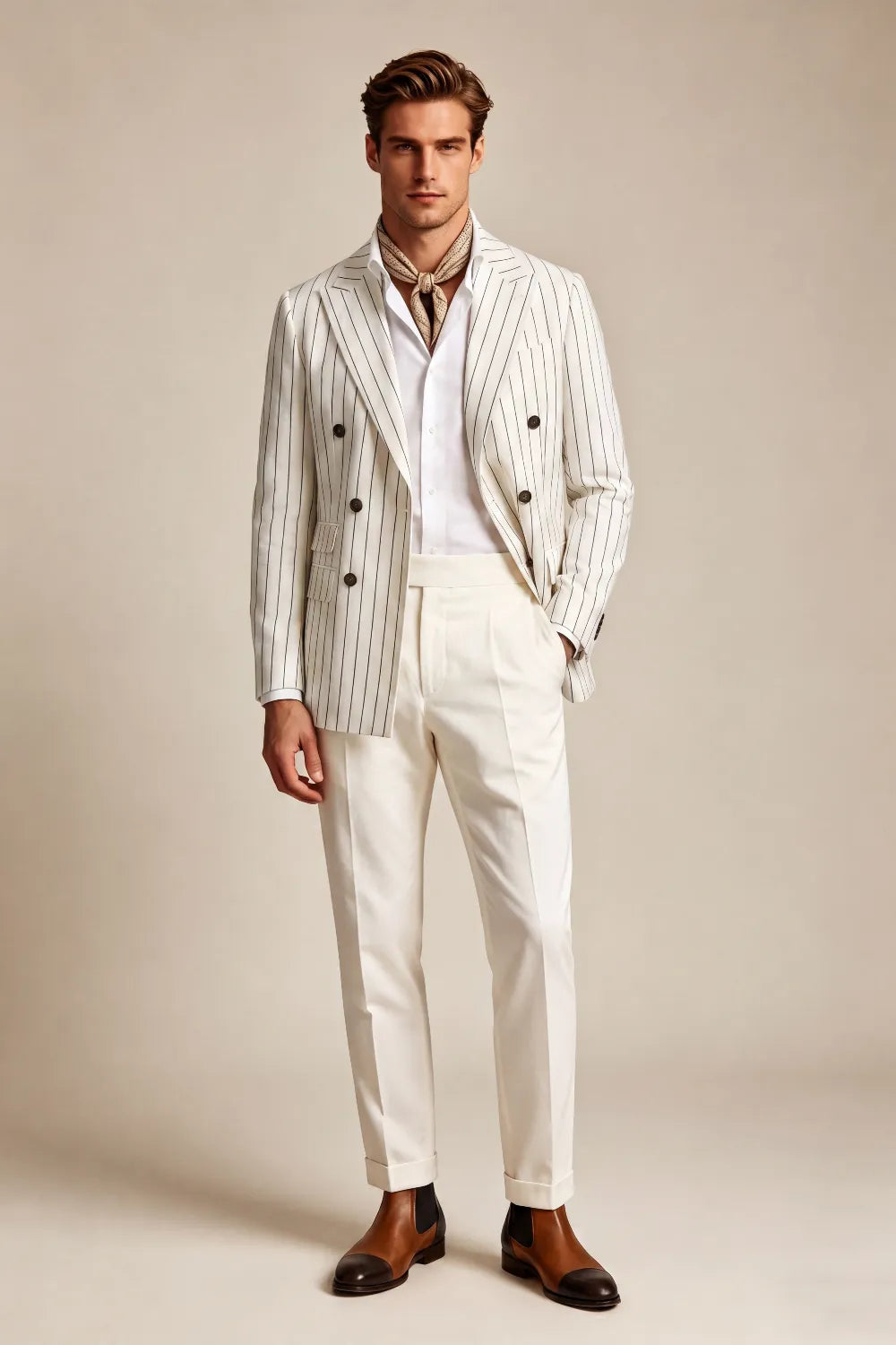 Men's Ivory Pinstripe Double Breasted 2 Piece Suit