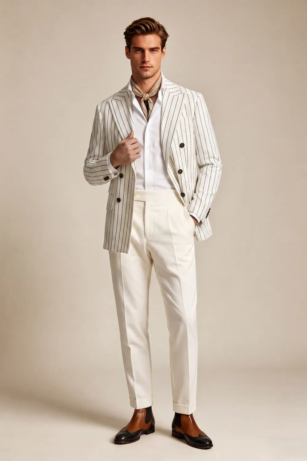 Men's Ivory Pinstripe Double Breasted 2 Piece Suit