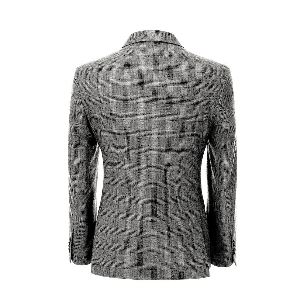 back of blazer of men's black-and-white herringbone wool business suit