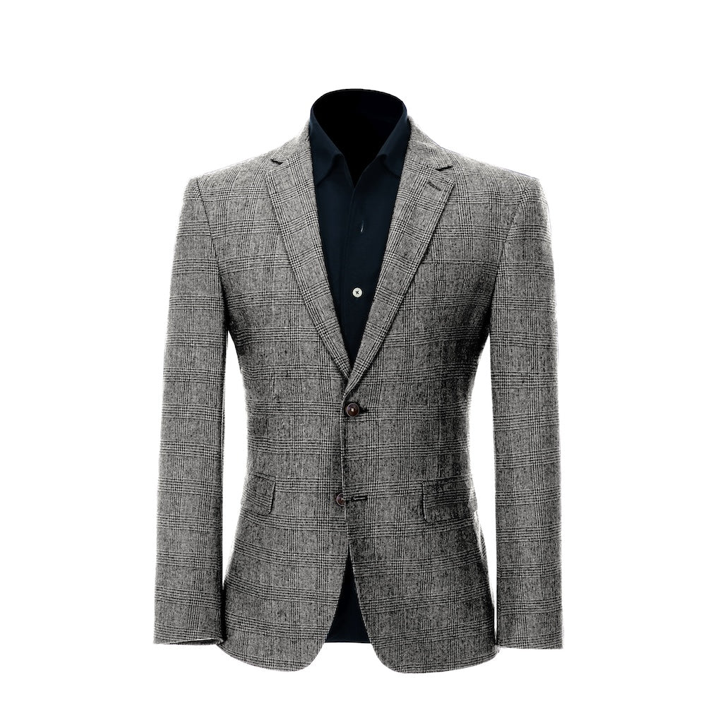 front view of blazer of men's black-and-white herringbone wool business suit