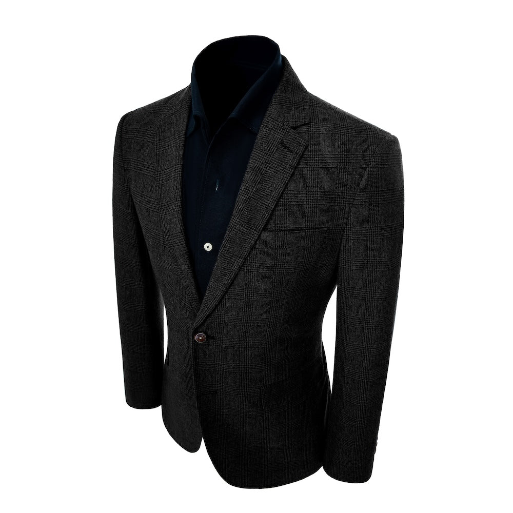 left side of blazer of men's black herringbone wool business suit
