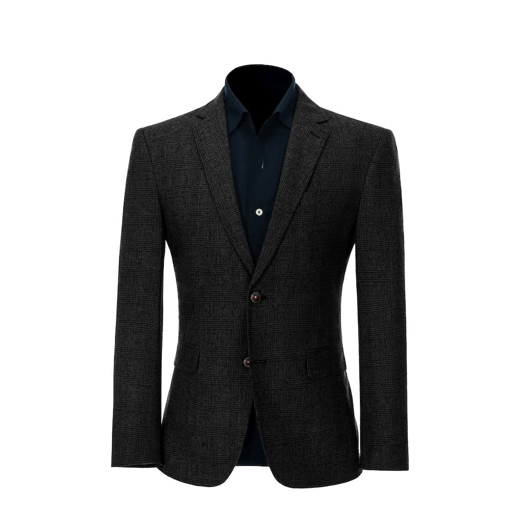 front view of blazer of men's black herringbone wool business suit