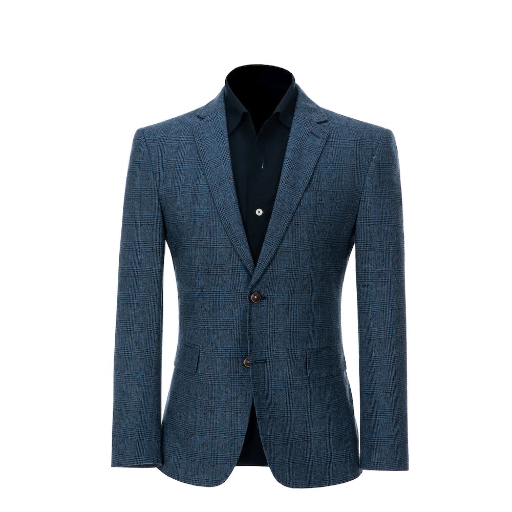 front view of blazer of men's blue herringbone wool business suit