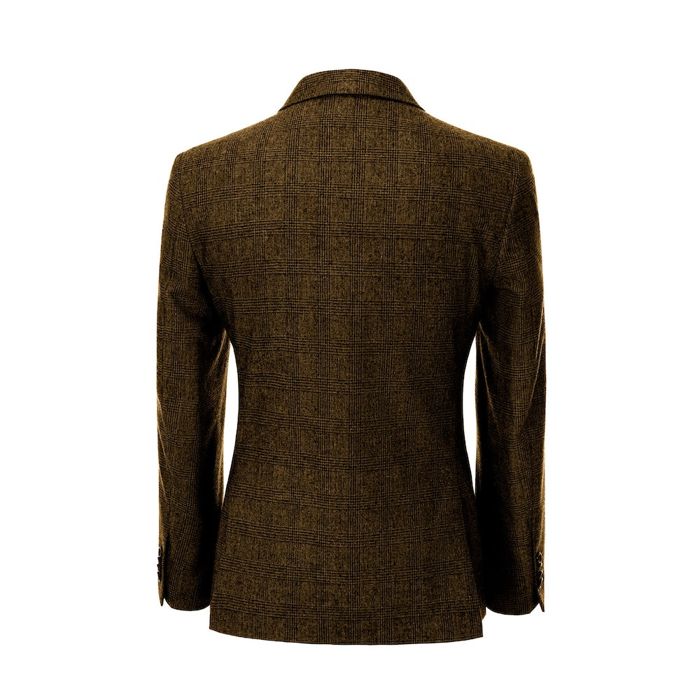back of blazer of men's coffee herringbone wool business suit