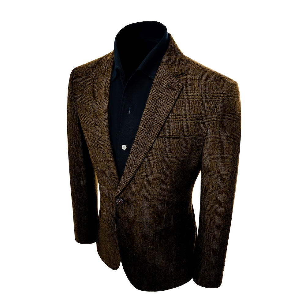 left side of blazer of men's coffee herringbone wool business suit