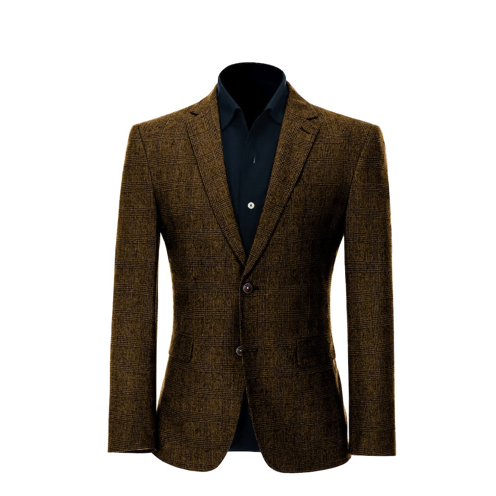 front view of blazer of men's coffee herringbone wool business suit