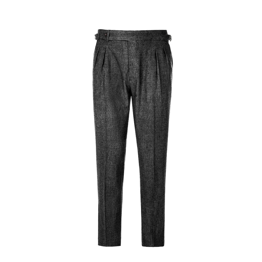 front view of trousers of men's dark grey herringbone wool business suit