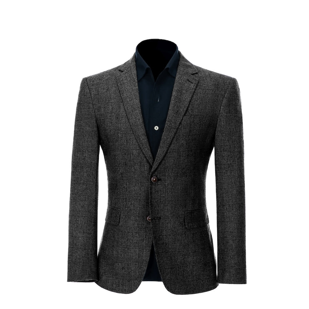 front view of blazer of men's dark grey herringbone wool business suit