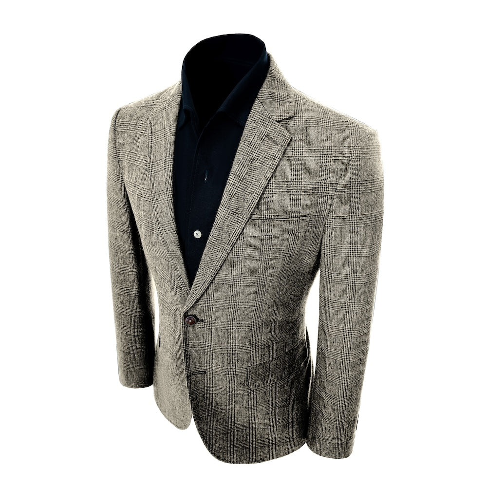 left side of blazer of men's grey herringbone wool business suit