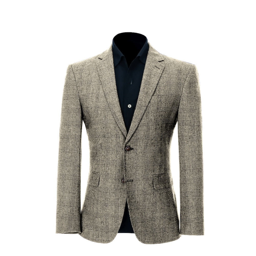 front view of blazer of men's grey herringbone wool business suit