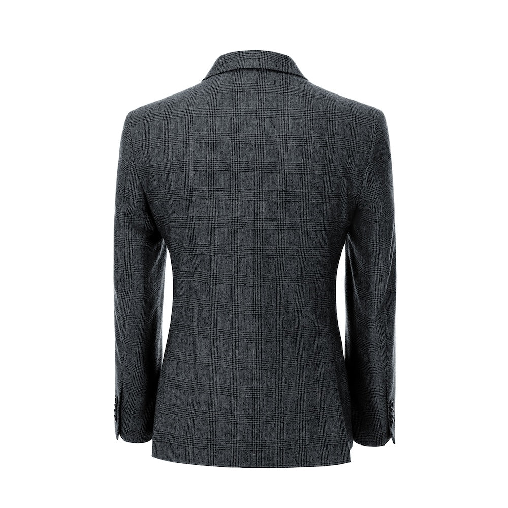 back of blazer of men's navy herringbone wool business suit