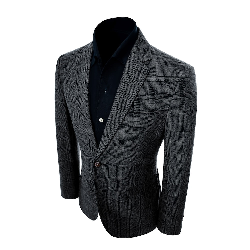 left side of blazer of men's navy herringbone wool business suit
