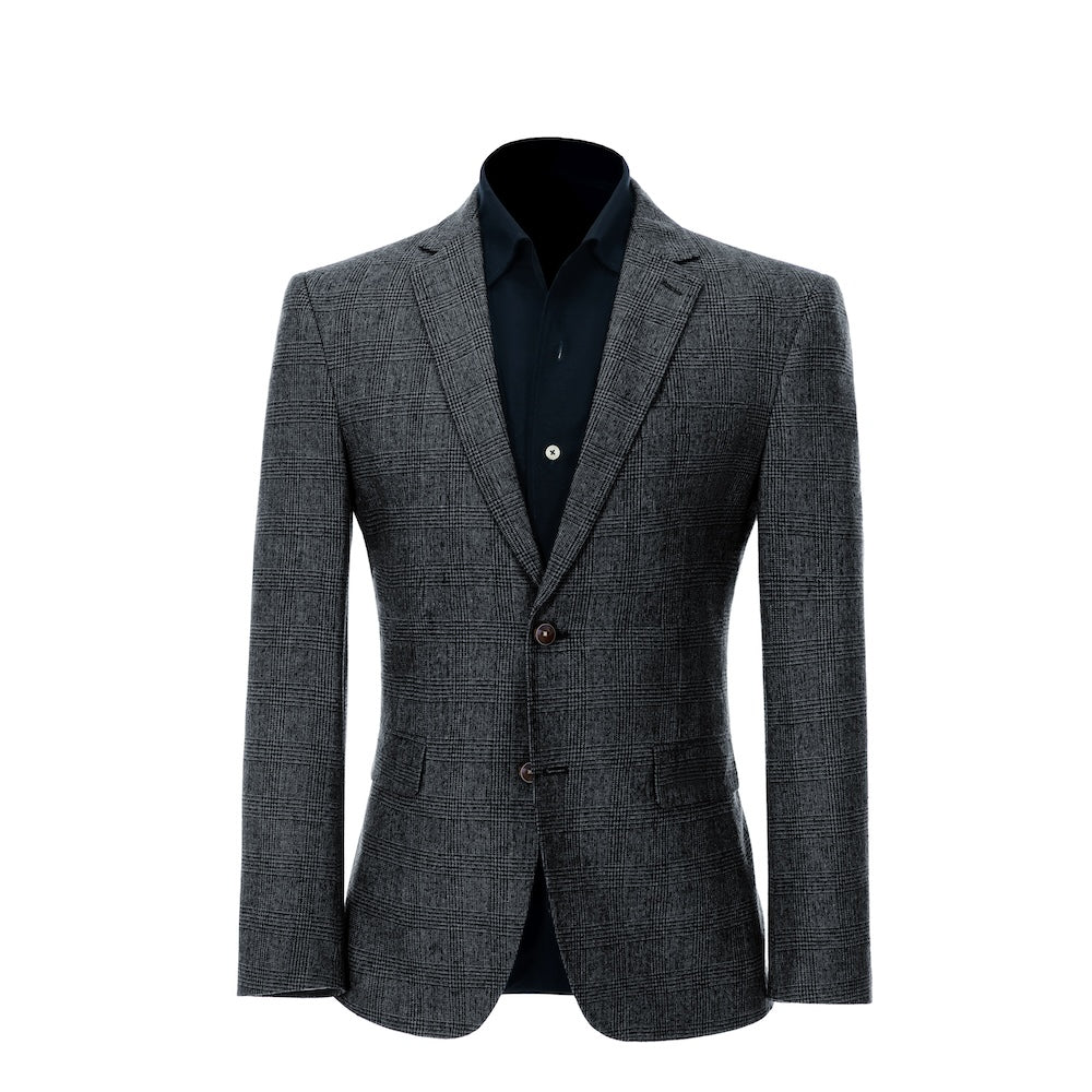front view of blazer of men's navy herringbone wool business suit