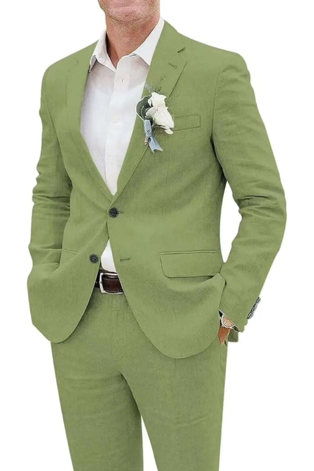 Close-up of avocado green slim fit linen suit jacket with boutonniere and dress shirt – summer style.