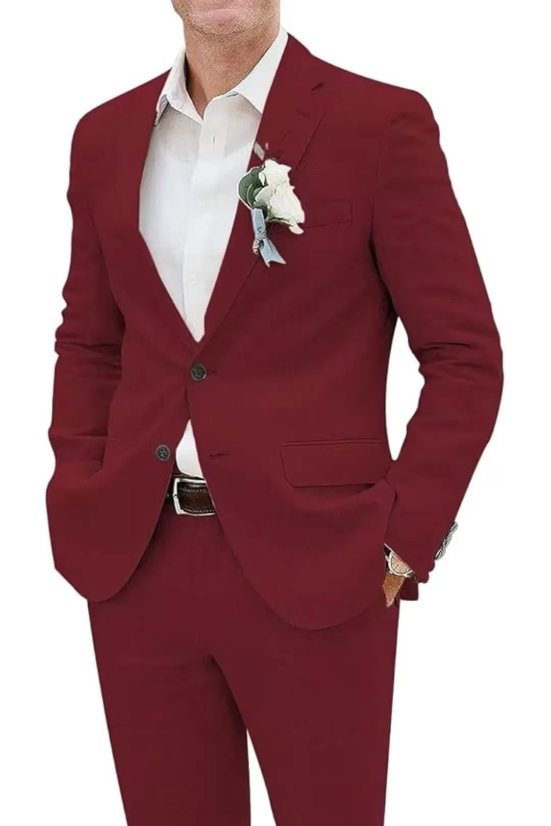 Burgundy linen slim fit 2 piece men's suit with boutonniere and shirt – bold summer wedding jacket & pants.
