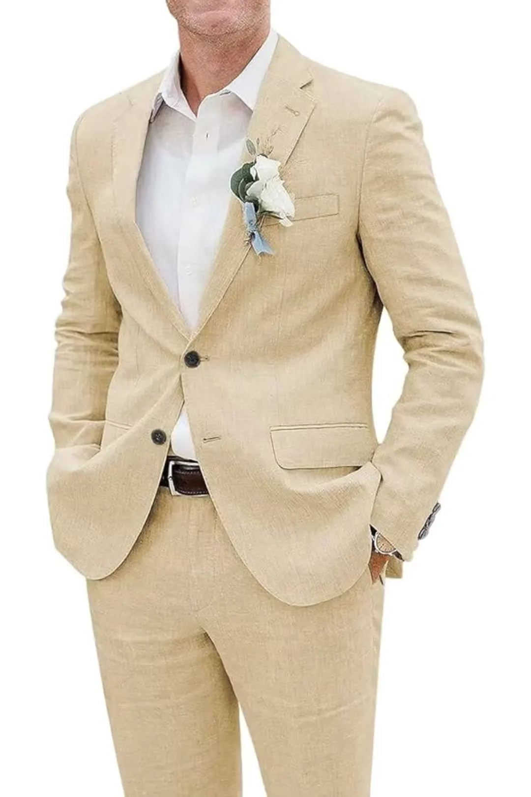 Close-up of champagne slim fit linen suit jacket with boutonniere and dress shirt – refined summer outfit.