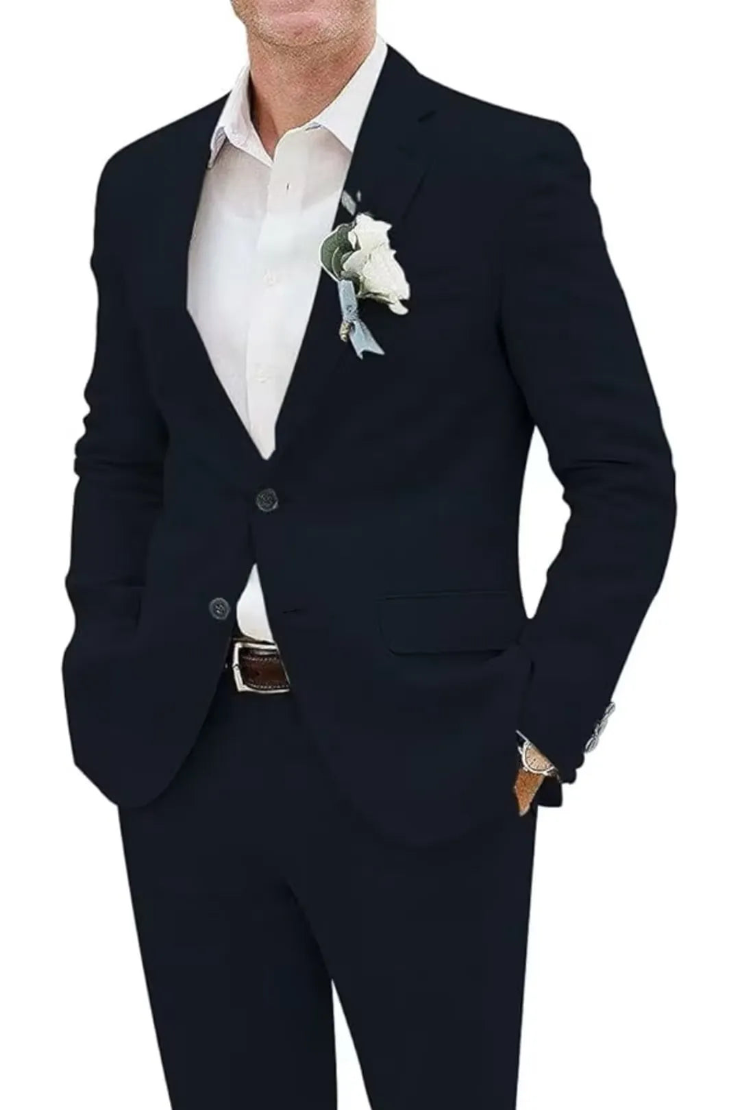 Close-up of navy slim fit linen suit jacket with boutonniere and dress shirt – elegant summer style.