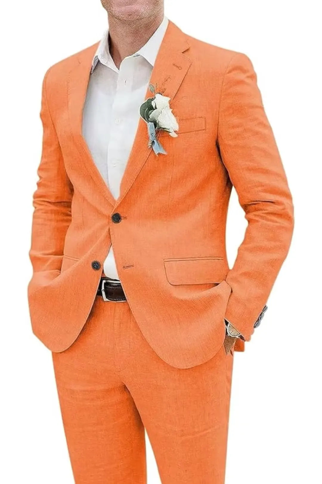 Close-up of orange slim fit linen suit jacket with boutonniere and dress shirt – festive summer look.