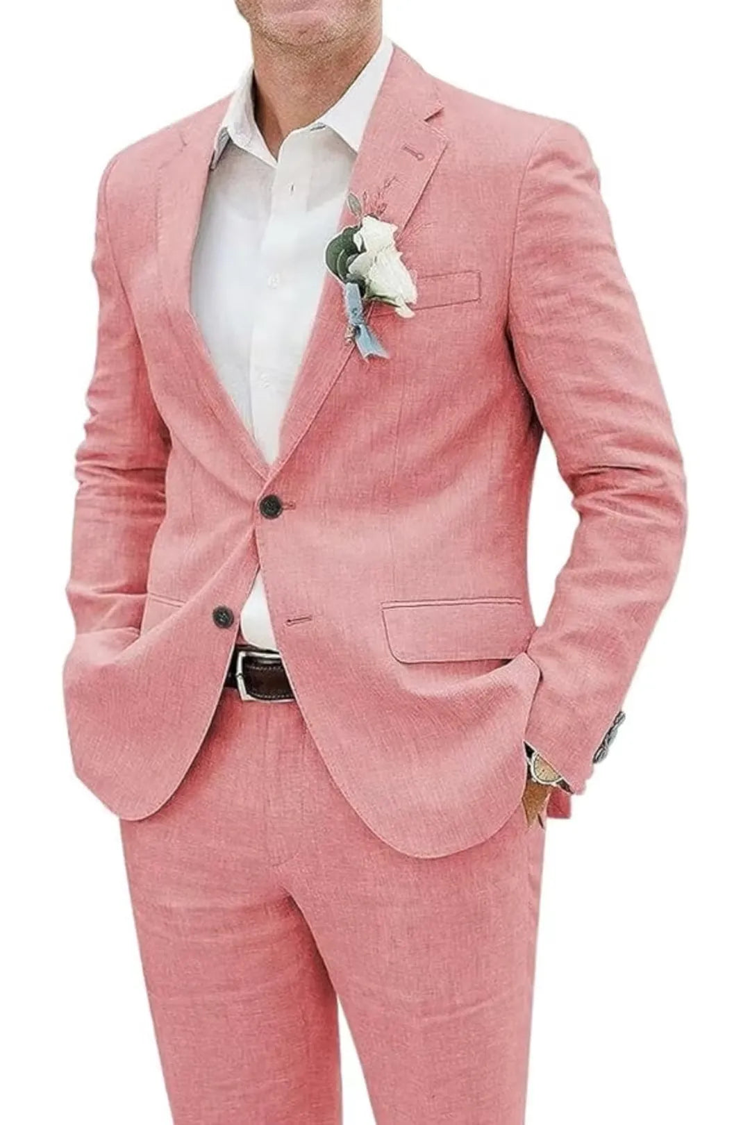 Peach linen slim fit 2 piece men’s suit with boutonniere and shirt – soft summer wedding jacket & pants.