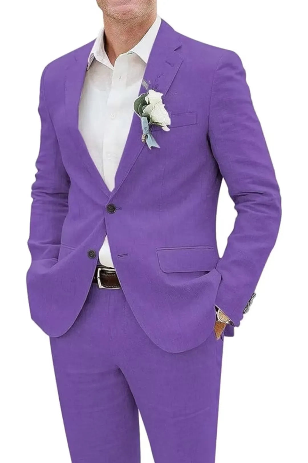 Close-up of purple slim fit linen suit jacket with boutonniere and dress shirt – bold summer look.