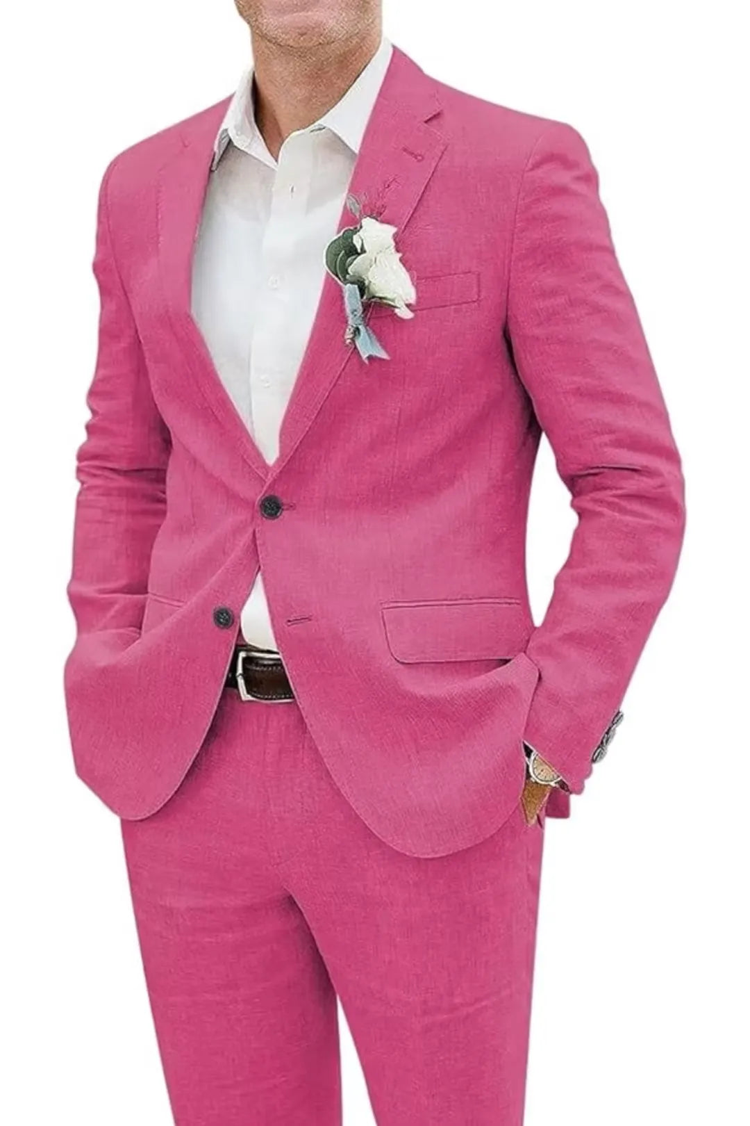 Rose linen slim fit 2 piece men’s suit with boutonniere and shirt – refined summer wedding attire.