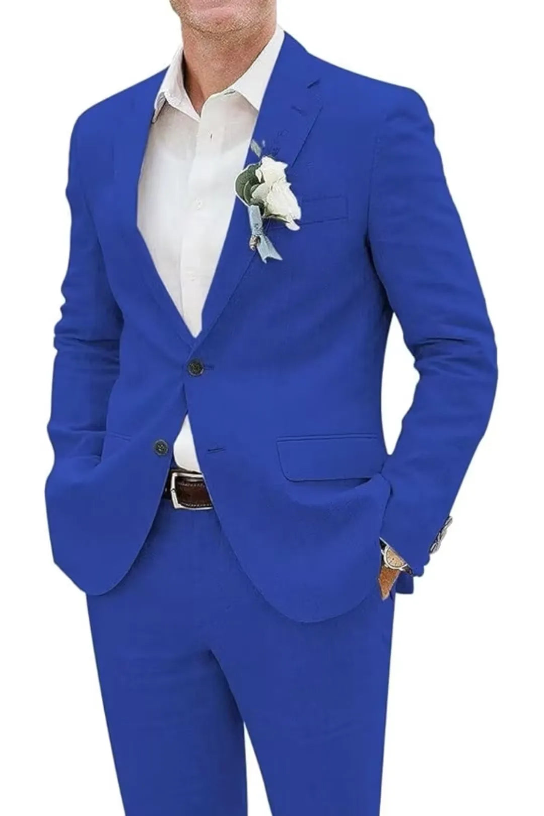 Close-up of royal blue slim fit linen suit jacket with boutonniere and dress shirt – formal summer style.