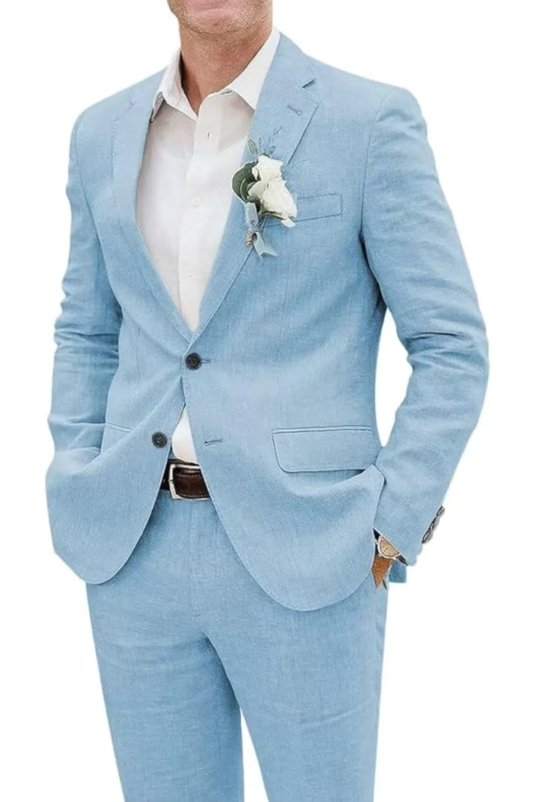 Sky blue linen slim fit 2 piece men’s suit with boutonniere and shirt – fresh summer wedding jacket & pants.
