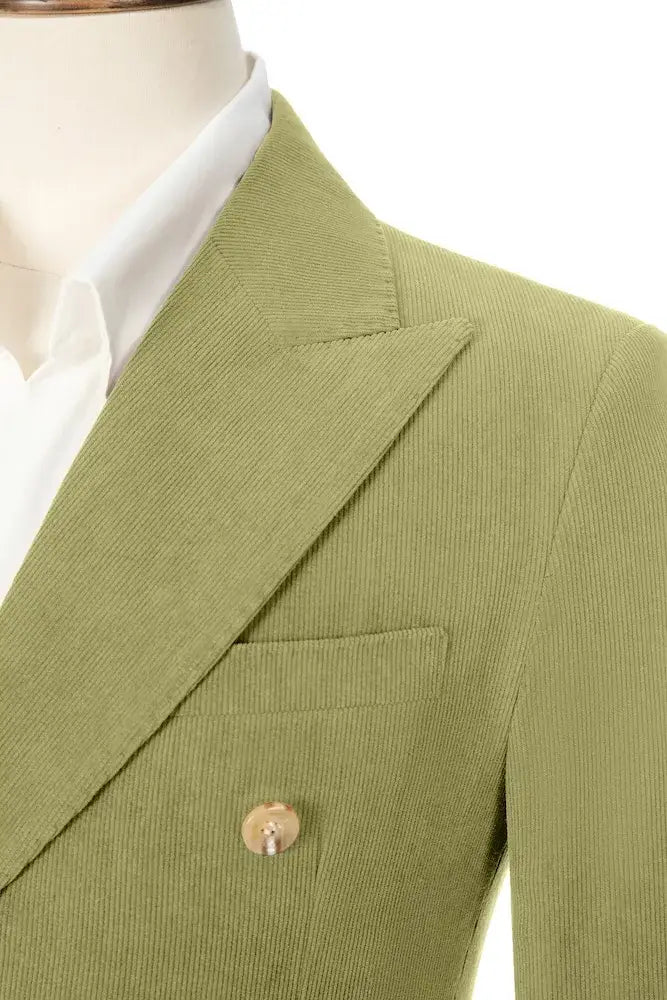 Close-up of apple green corduroy blazer lapel – peak lapel and fine texture