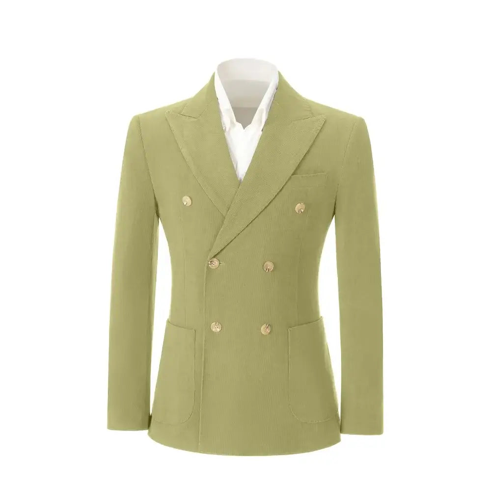 Front view of men's apple green corduroy blazer – double breasted with peak lapel
